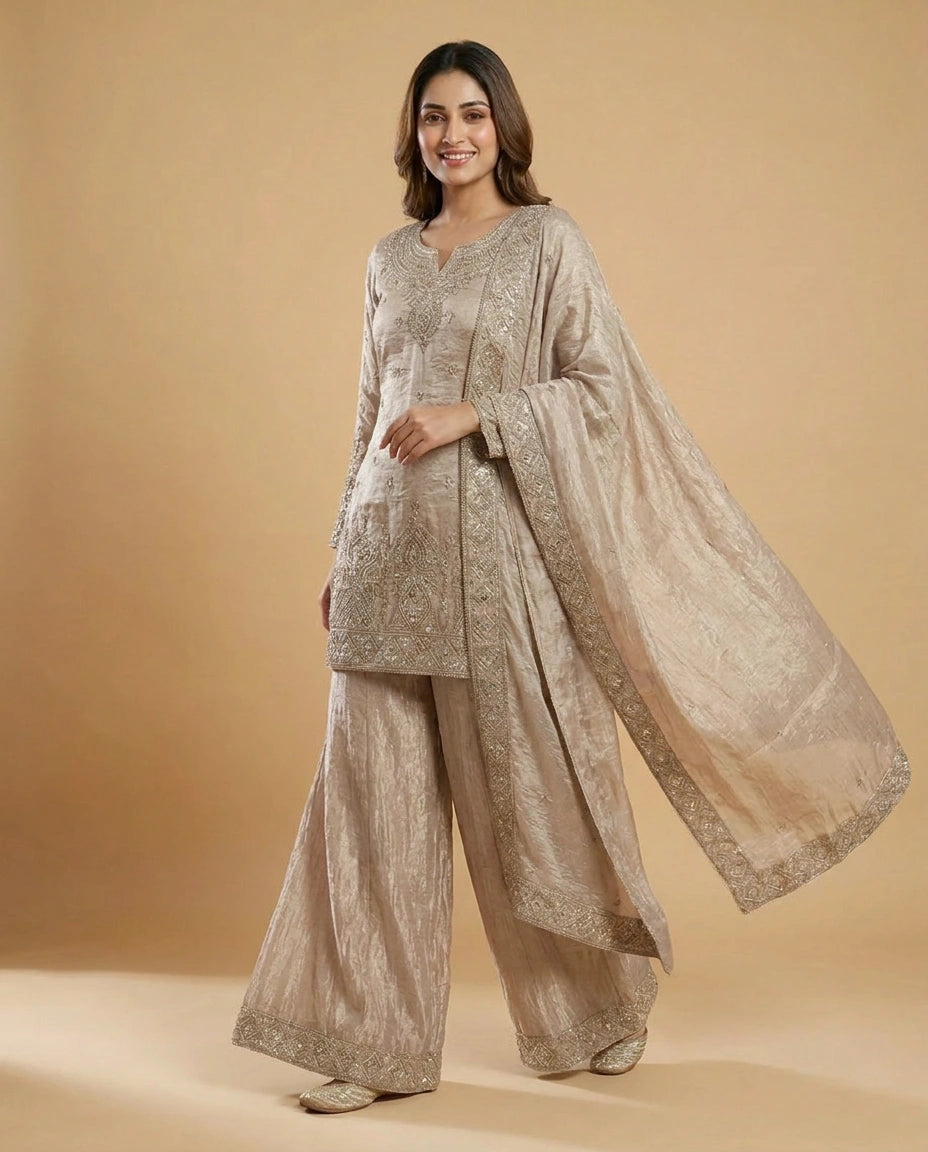 Beige & Pink Tissue Sharara Suit with Embroidered Detail - Rangoli India
