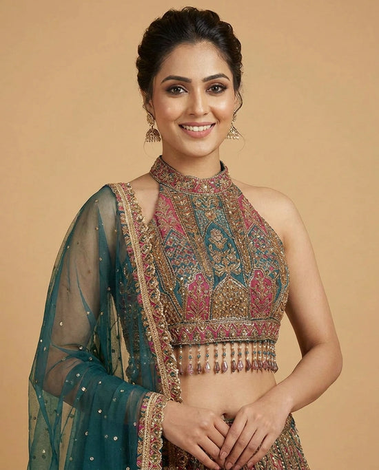 Crepe Silk Croptop Lehenga with Sequin and Mirror Work - Rangoli India