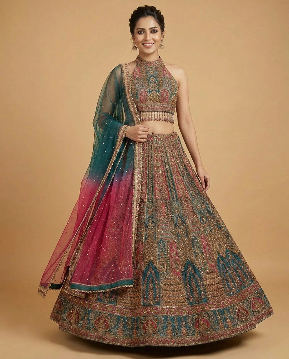 Crepe Silk Croptop Lehenga with Sequin and Mirror Work - Rangoli India