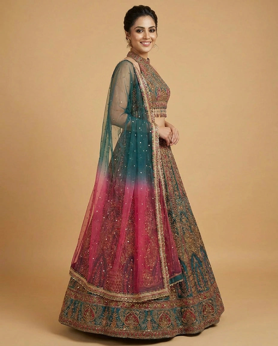 Crepe Silk Croptop Lehenga with Sequin and Mirror Work - Rangoli India
