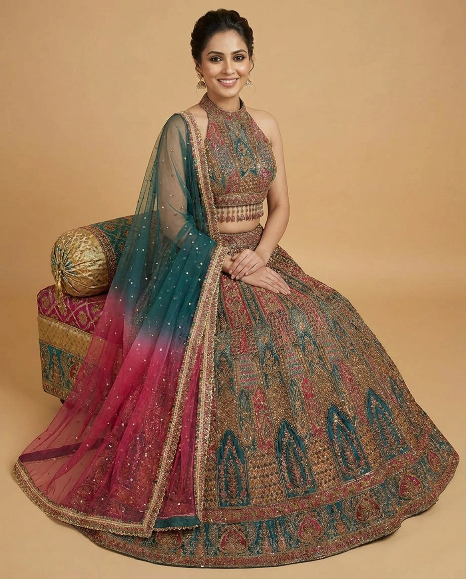 Crepe Silk Croptop Lehenga with Sequin and Mirror Work - Rangoli India
