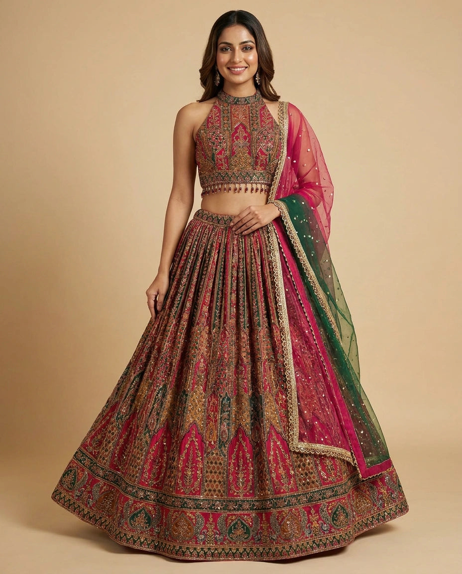 Crepe Silk Croptop Lehenga with Sequin and Mirror Work