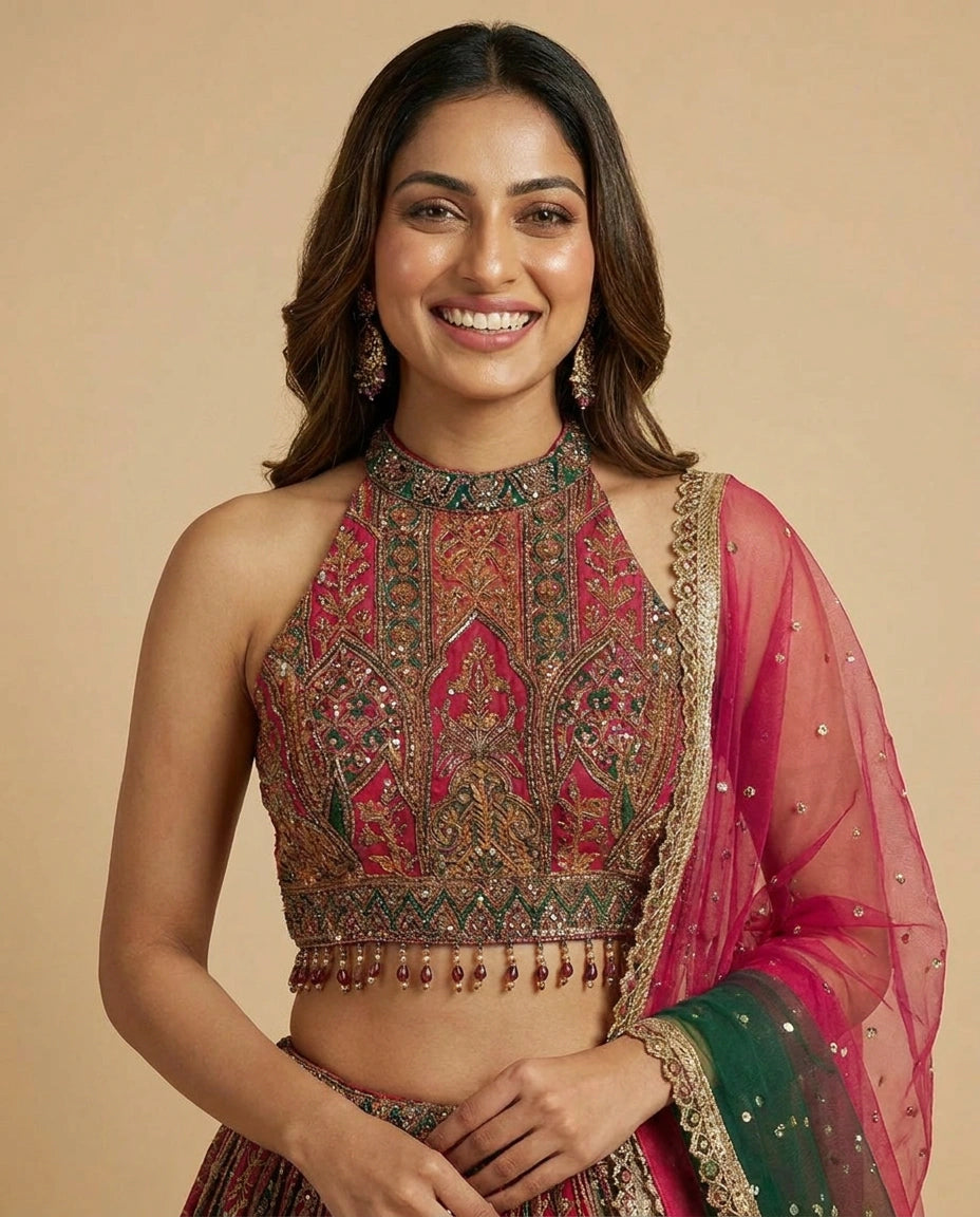 Crepe Silk Croptop Lehenga with Sequin and Mirror Work
