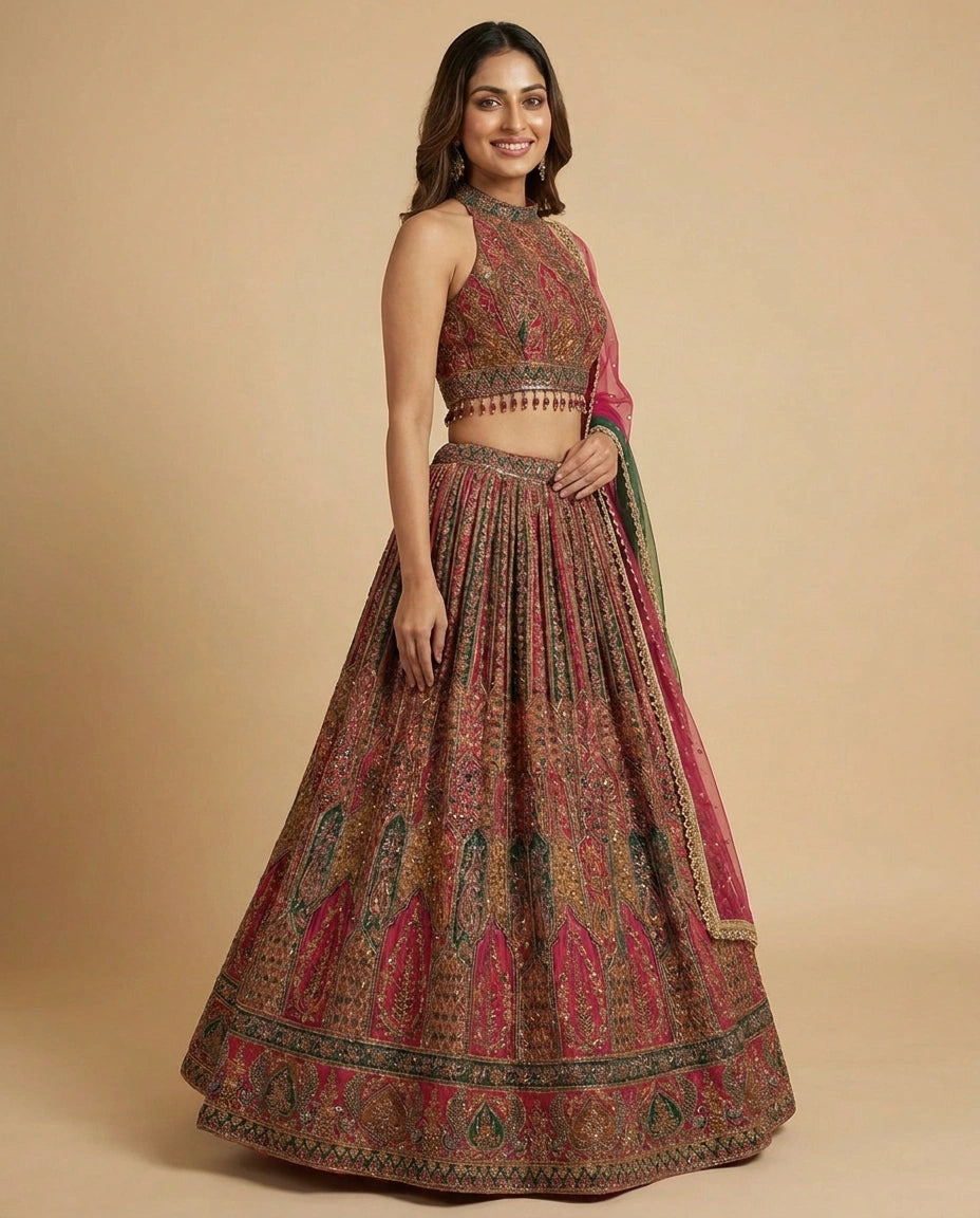 Crepe Silk Croptop Lehenga with Sequin and Mirror Work