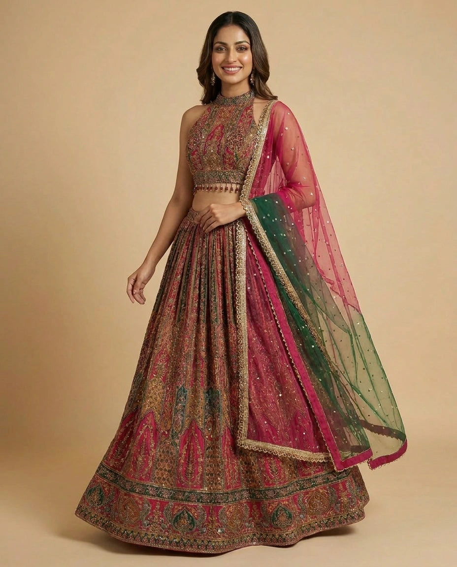 Crepe Silk Croptop Lehenga with Sequin and Mirror Work