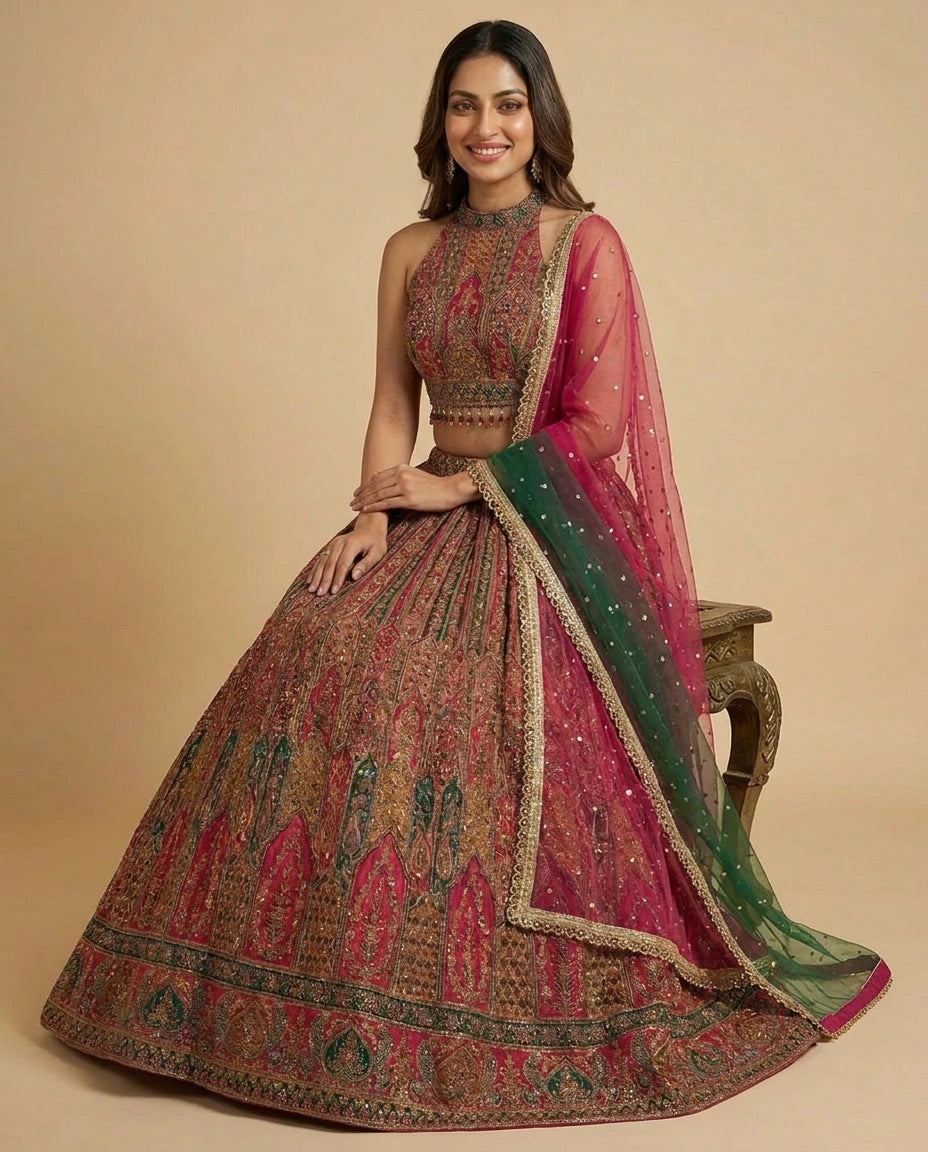 Crepe Silk Croptop Lehenga with Sequin and Mirror Work