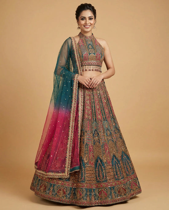 Crepe Silk Croptop Lehenga with Sequin and Mirror Work - Rangoli India