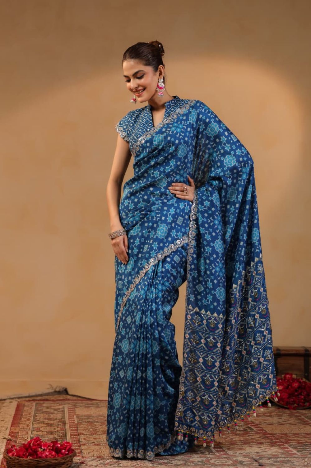 Peacock Blue Dola Silk Designer Work Saree