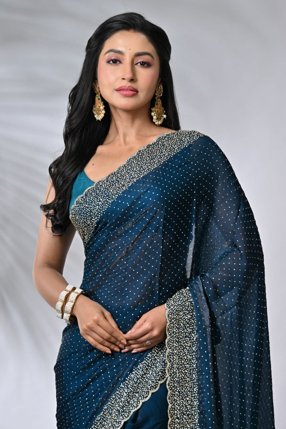 Peacock Blue Tissue Embroidery Fancy Saree