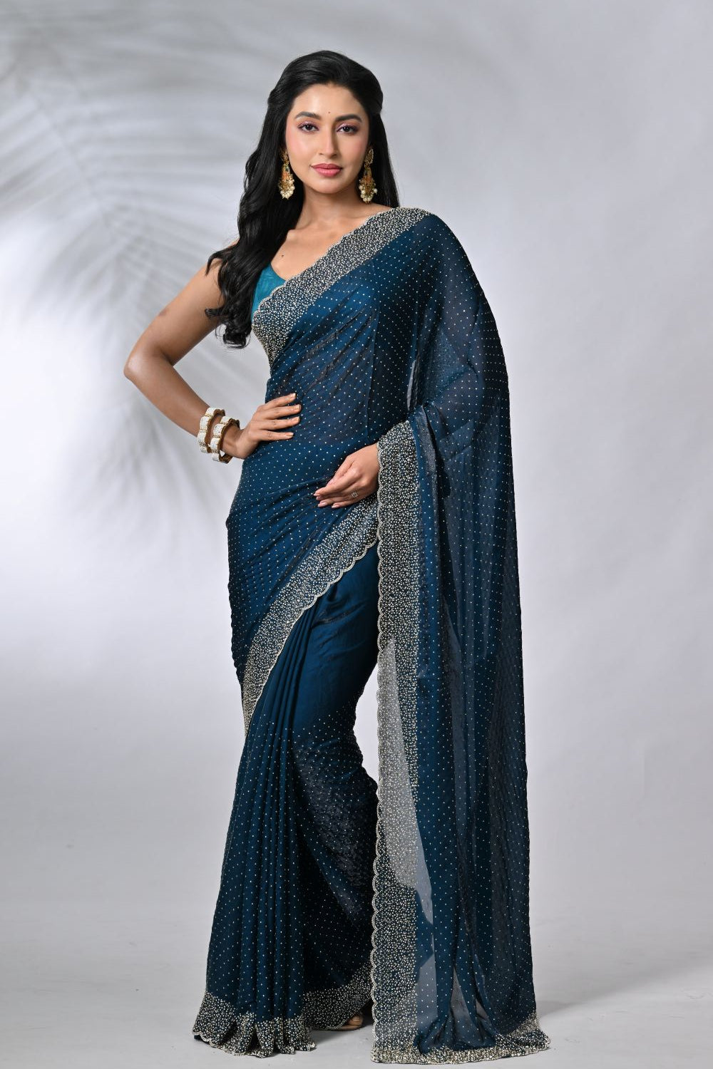 Peacock Blue Tissue Embroidery Fancy Saree