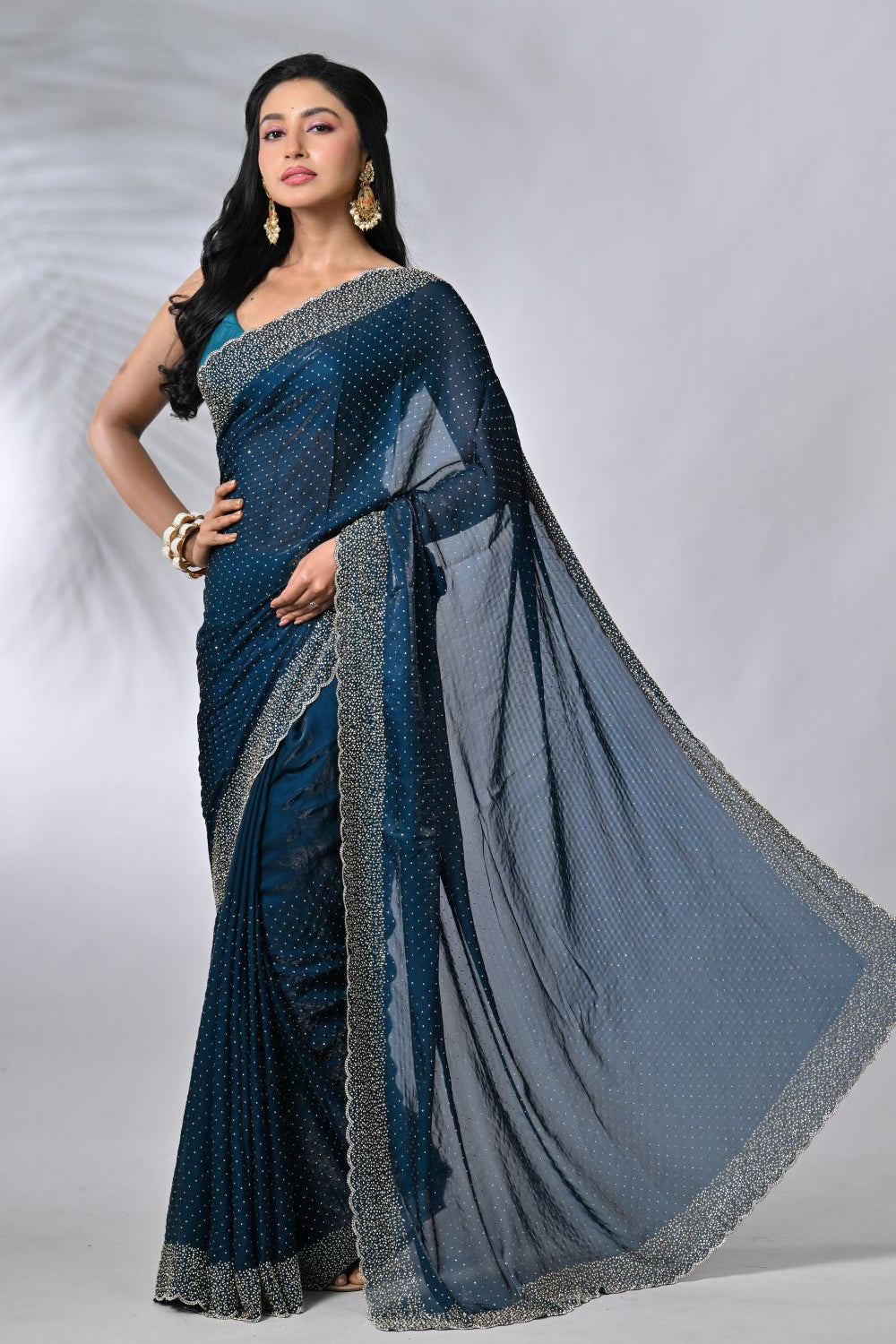 Peacock Blue Tissue Embroidery Fancy Saree