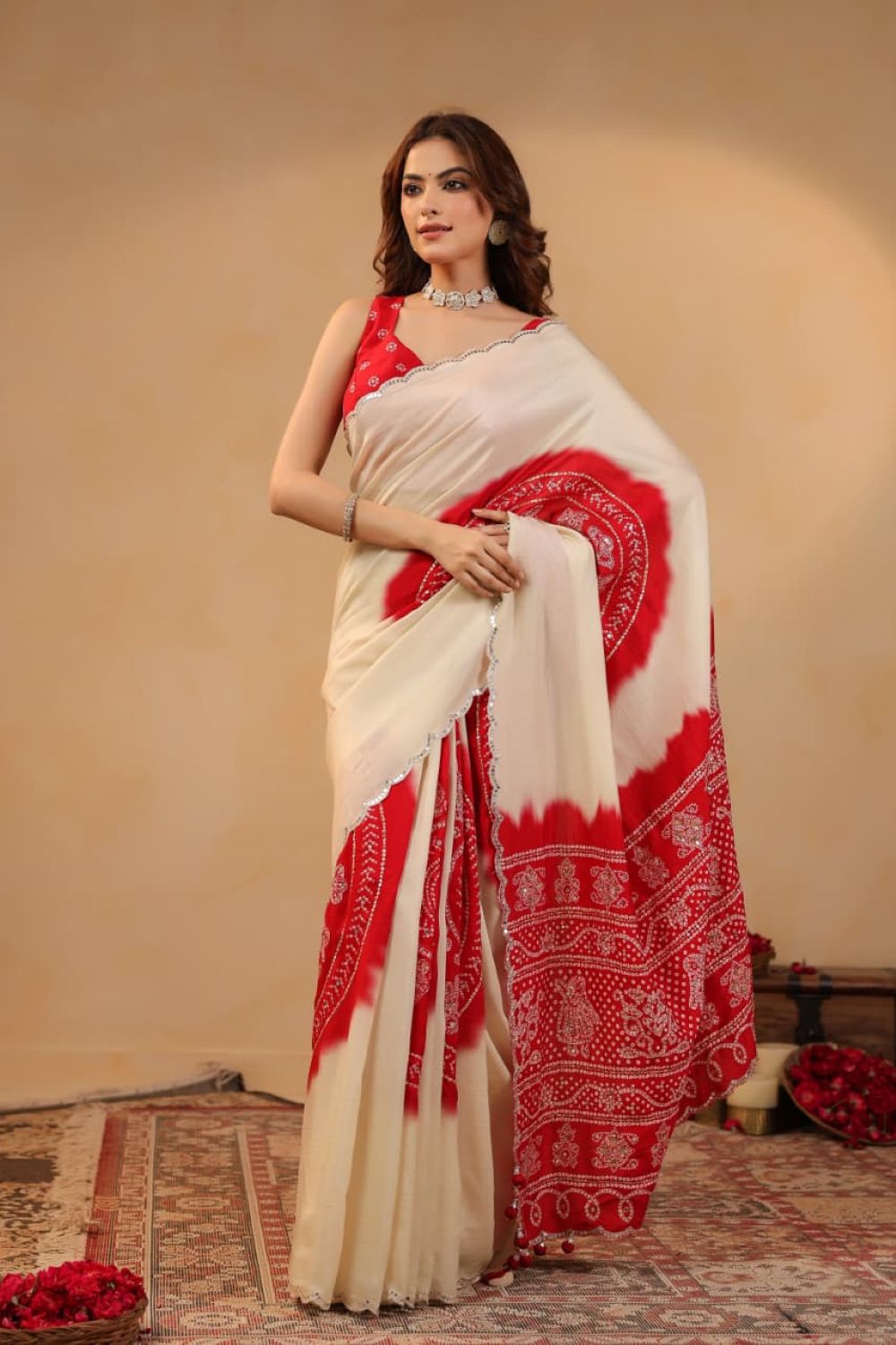 Off White & Red Dola Silk Designer Work Sarees