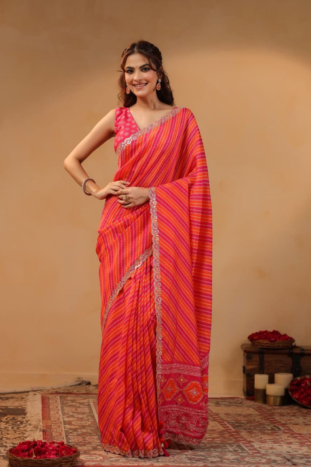 Rani & Orange Dola Silk Designer Work Saree