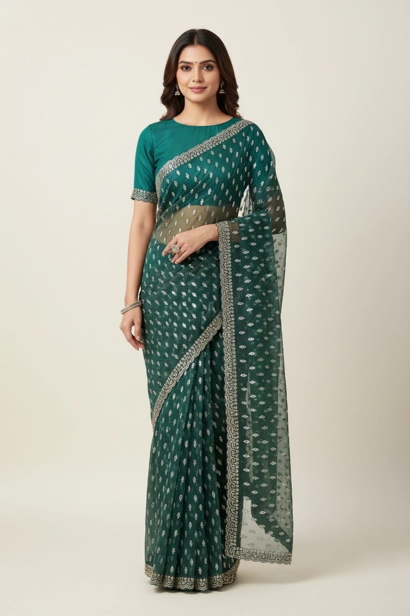 Handcrafted Fandy Satin Embroidery Saree - Rangoli Sarees