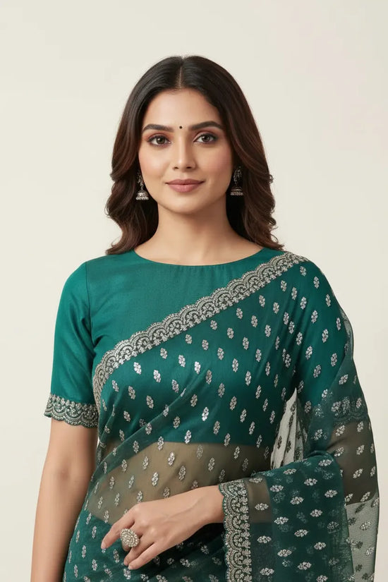 Peacock Blue Net Saree with All-Over Sequin Floral Embroidery - Rangoli India