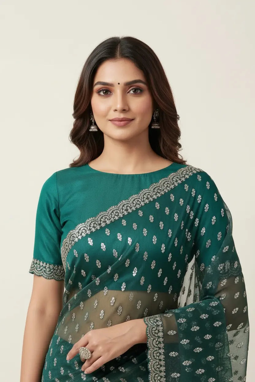 Woman wearing a green saree with silver border on a beige background