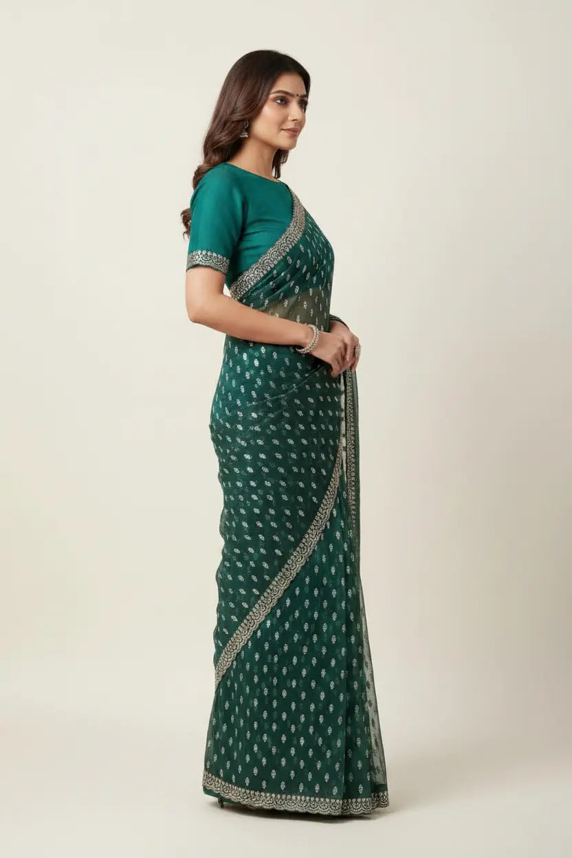 Woman wearing a green saree with a white pattern on a plain background