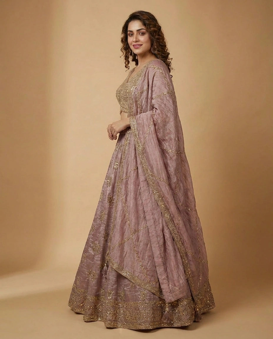 Tissue Croptop Lehenga with Embroidered Border - Rangoli India