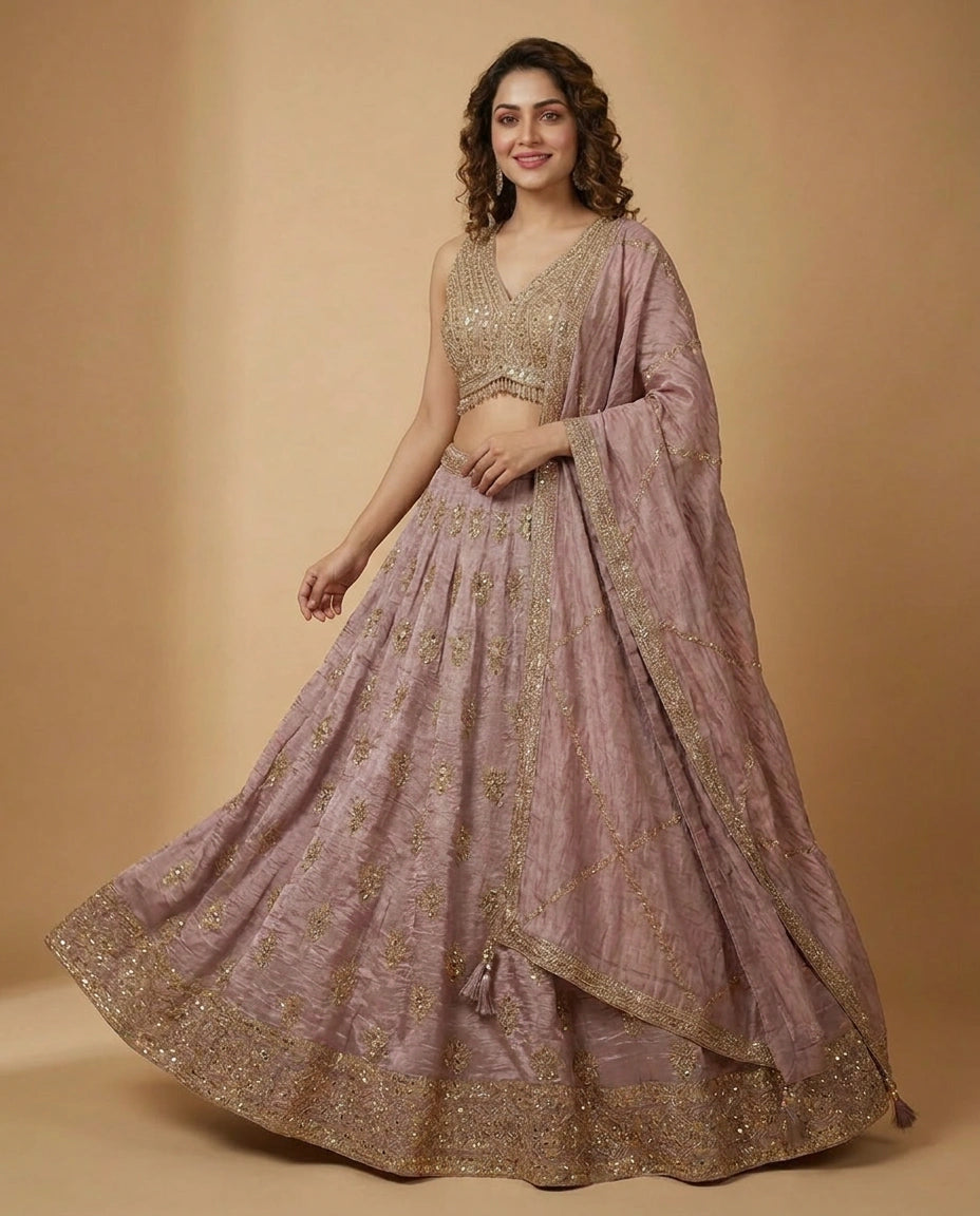 Tissue Croptop Lehenga with Embroidered Border - Rangoli India