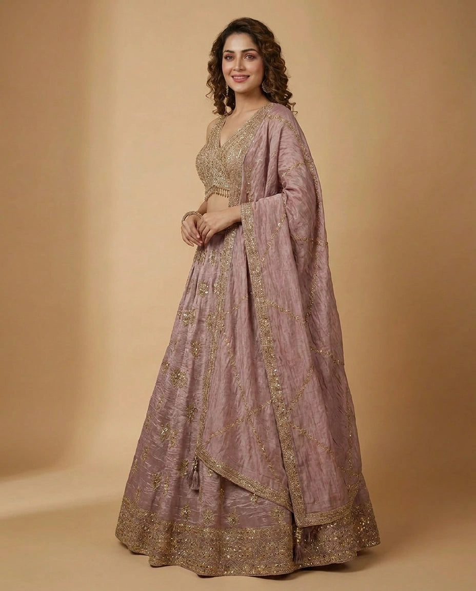 Tissue Croptop Lehenga with Embroidered Border - Rangoli India