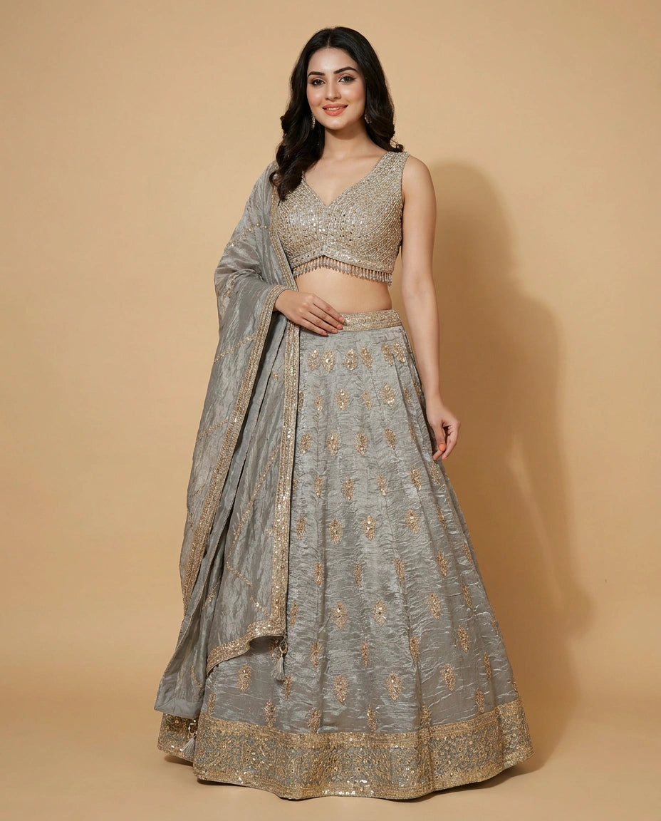 Tissue Croptop Lehenga with Embroidered Border - Rangoli India