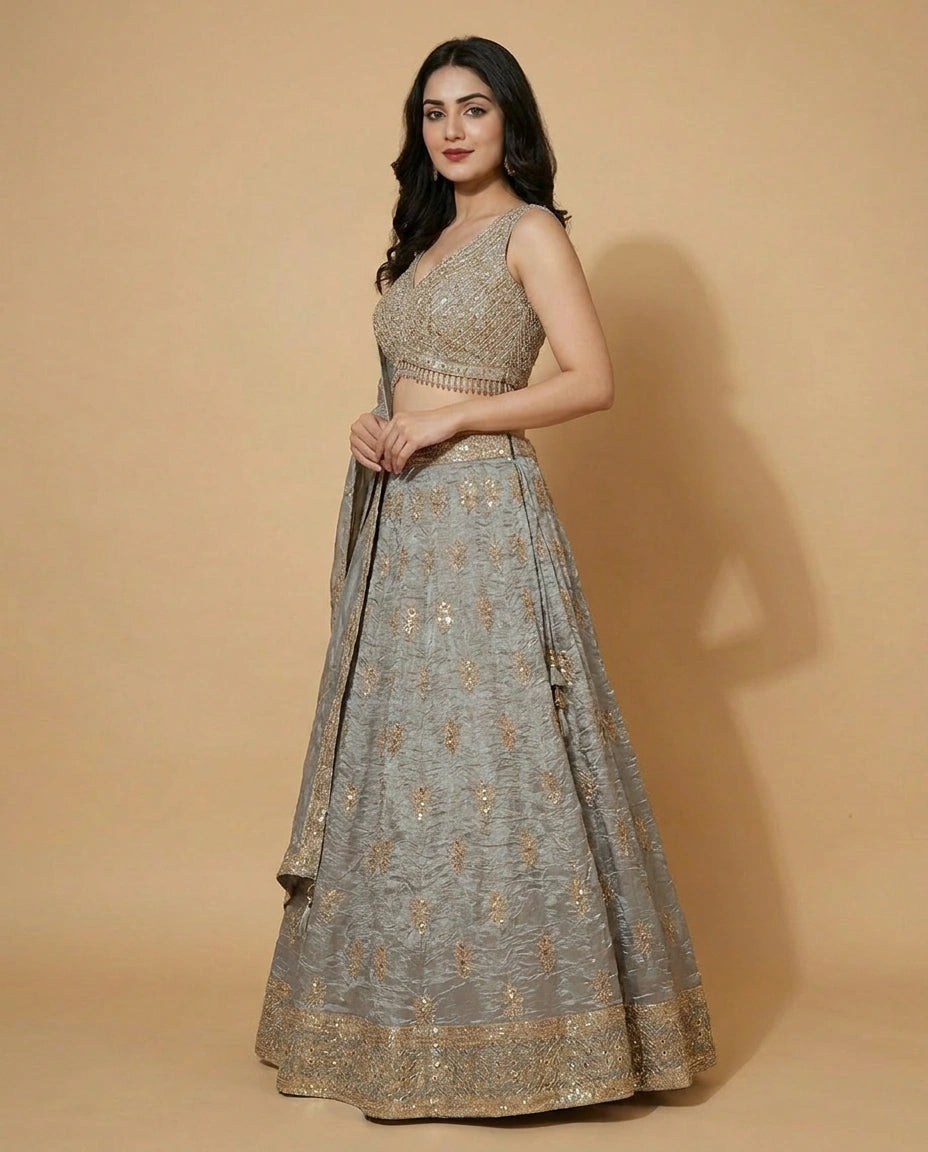Tissue Croptop Lehenga with Embroidered Border - Rangoli India