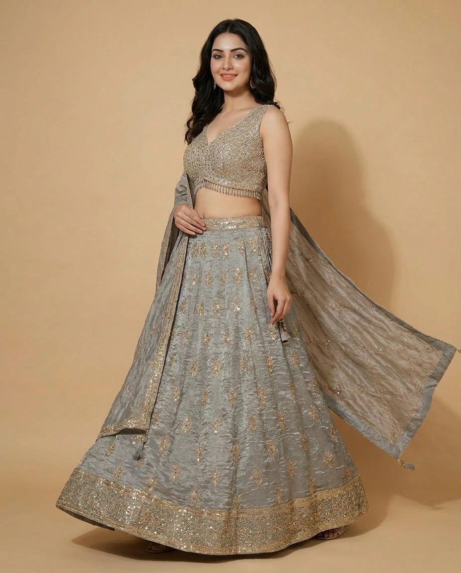 Tissue Croptop Lehenga with Embroidered Border - Rangoli India