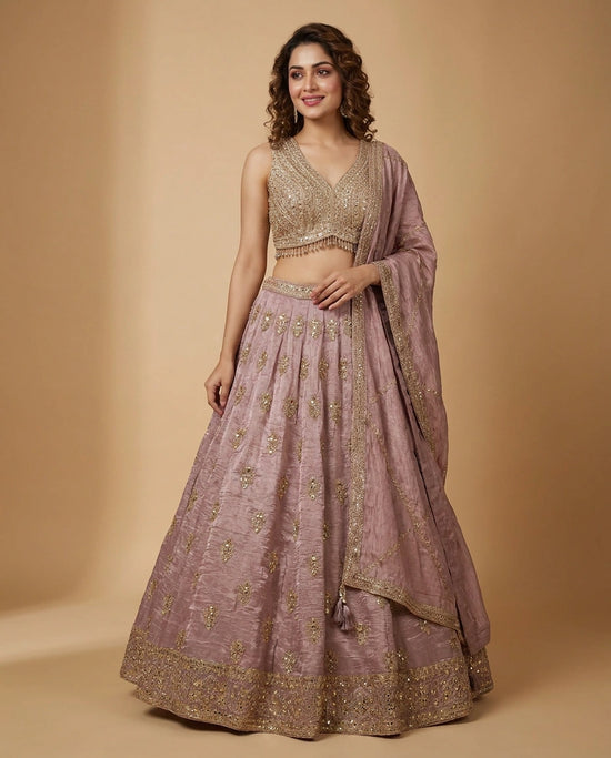 Tissue Croptop Lehenga with Embroidered Border - Rangoli India