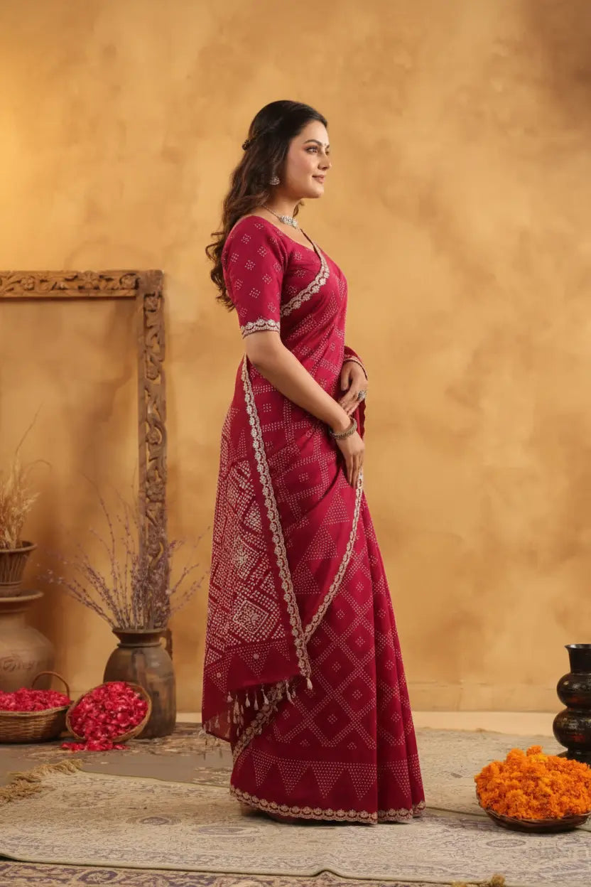 Woman in a red saree with gold patterns standing against a beige wall.