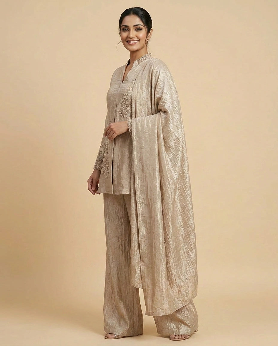 Crush Tissue Peplum Choli Palazzo Set for Women - Festive Wear