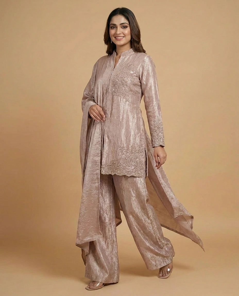 Crush Tissue Peplum Choli Palazzo Set for Women - Festive Wear
