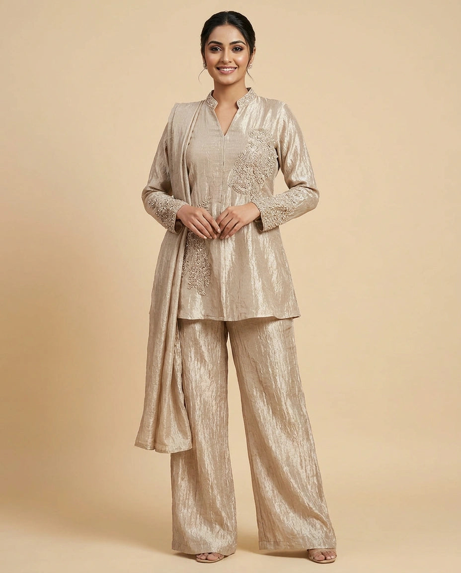 Crush Tissue Peplum Choli Palazzo Set for Women - Festive Wear