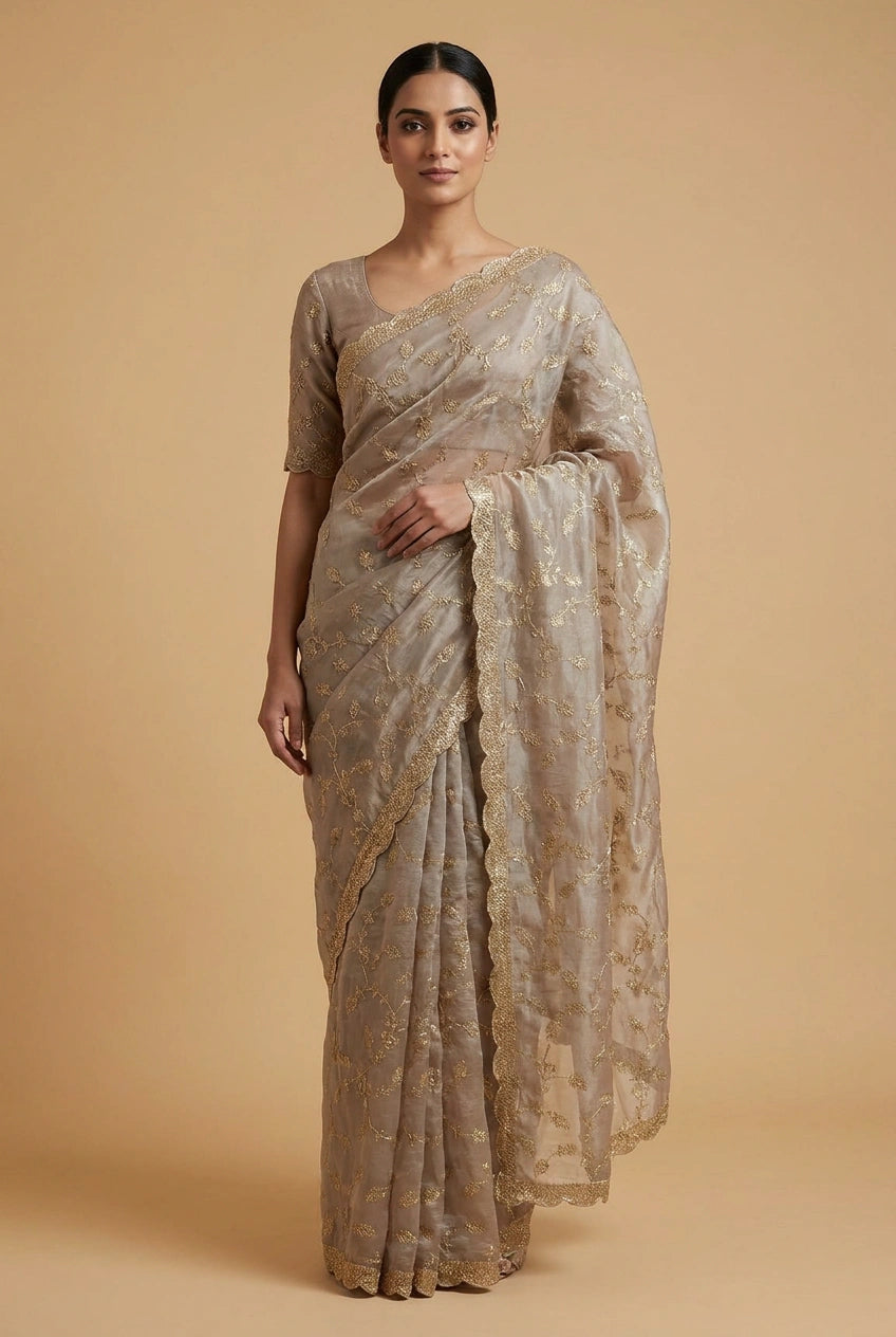 Satin Embroidered Saree with Hand Embroidery for Festive Evening