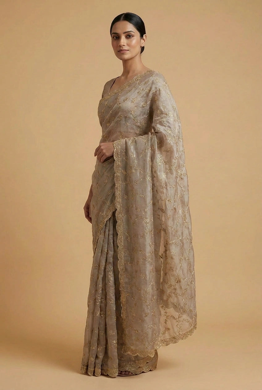 Satin Embroidered Saree with Hand Embroidery for Festive Evening