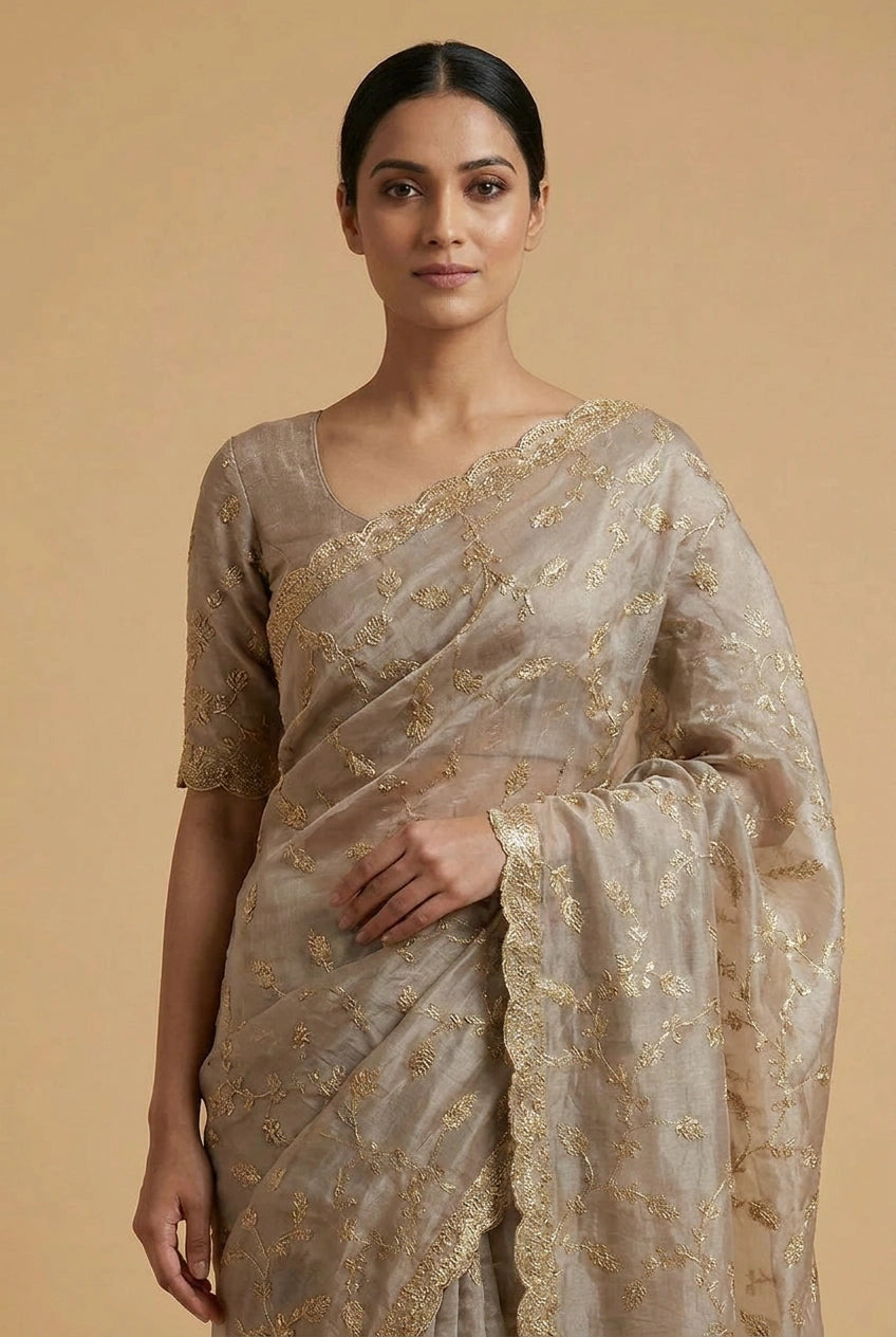 Satin Embroidered Saree with Hand Embroidery for Festive Evening