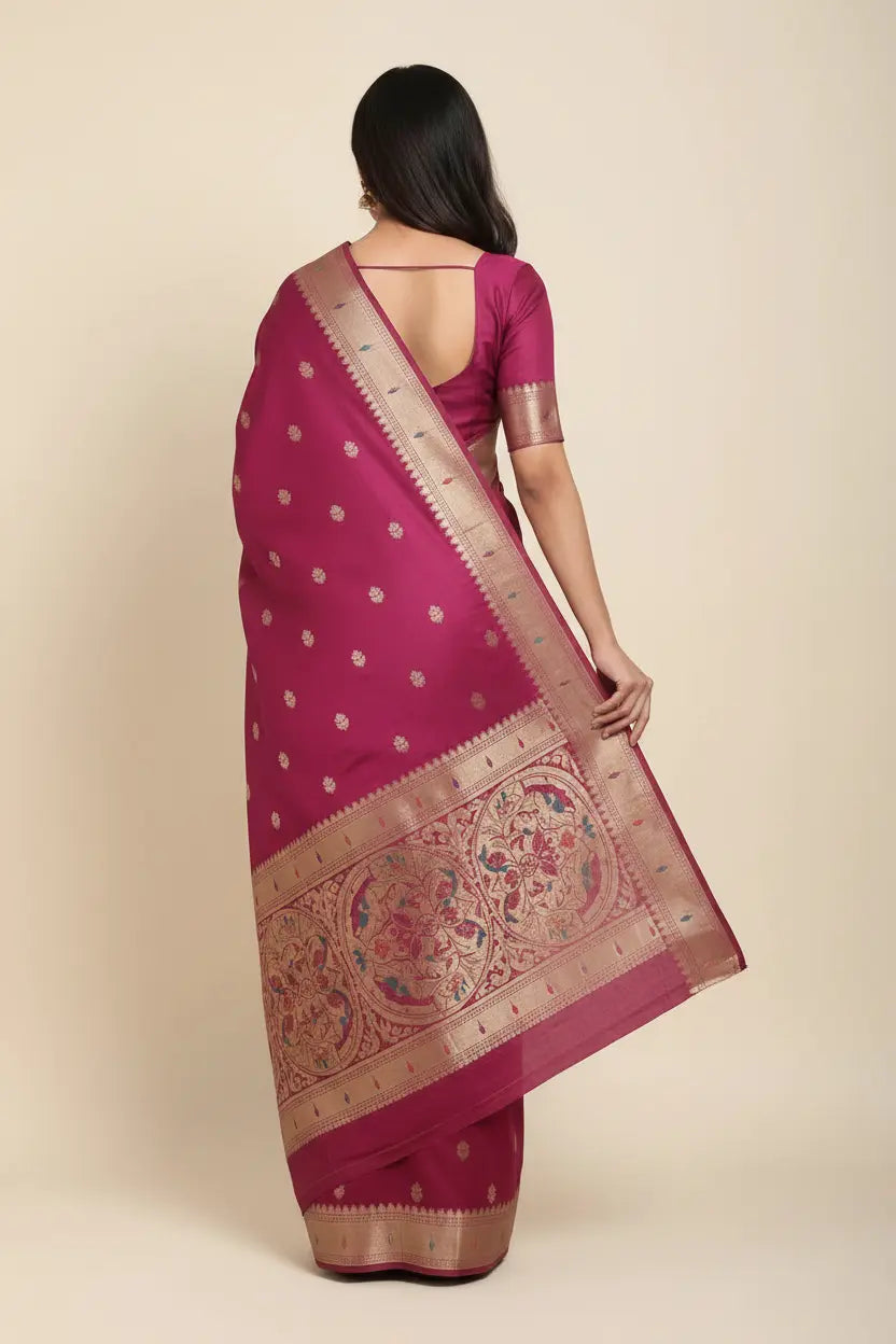 Woman wearing a magenta saree with a gold border on a beige background