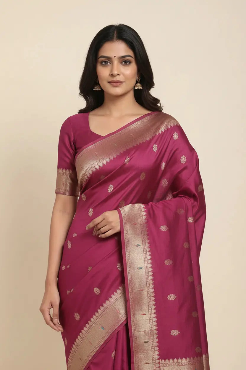Woman wearing a magenta saree with a beige background
