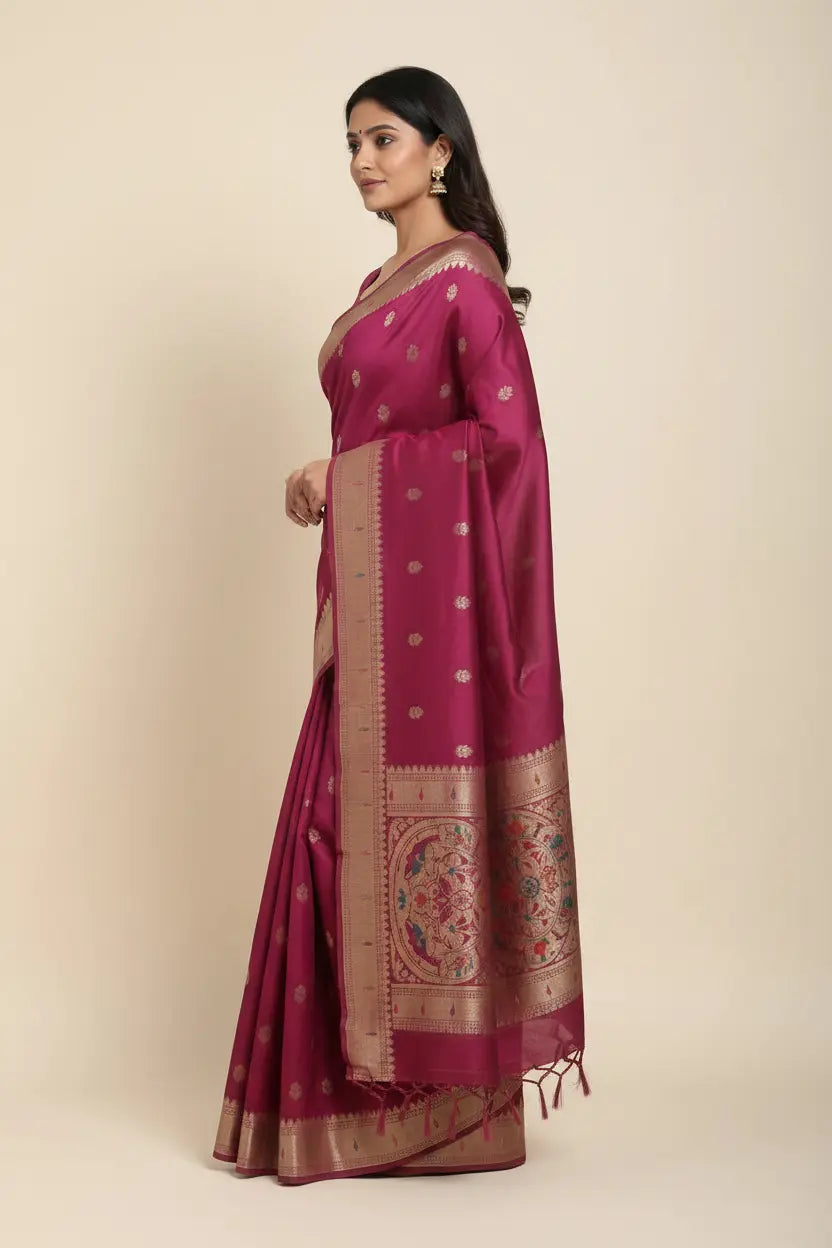 Woman wearing a maroon saree with gold patterns on a beige background