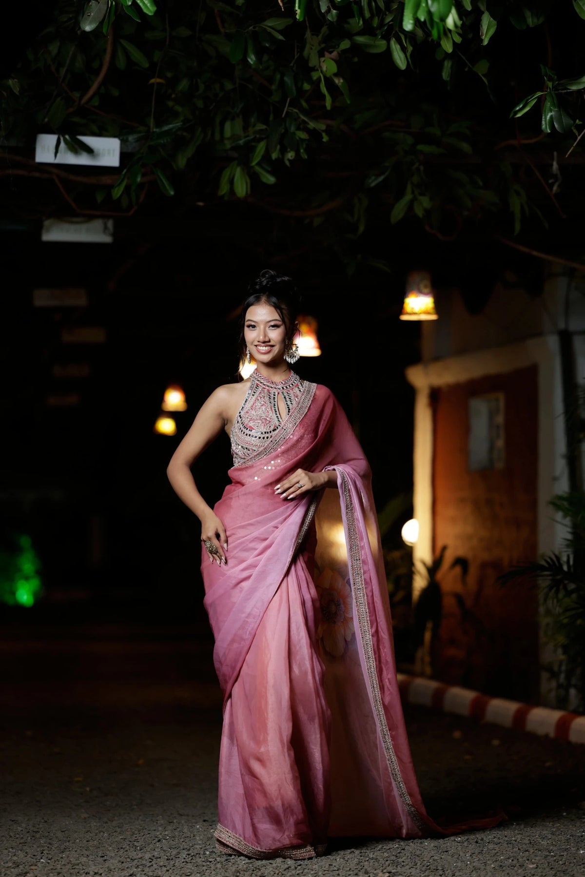Tissue Pre-Draped Saree with Designer Blouse – front