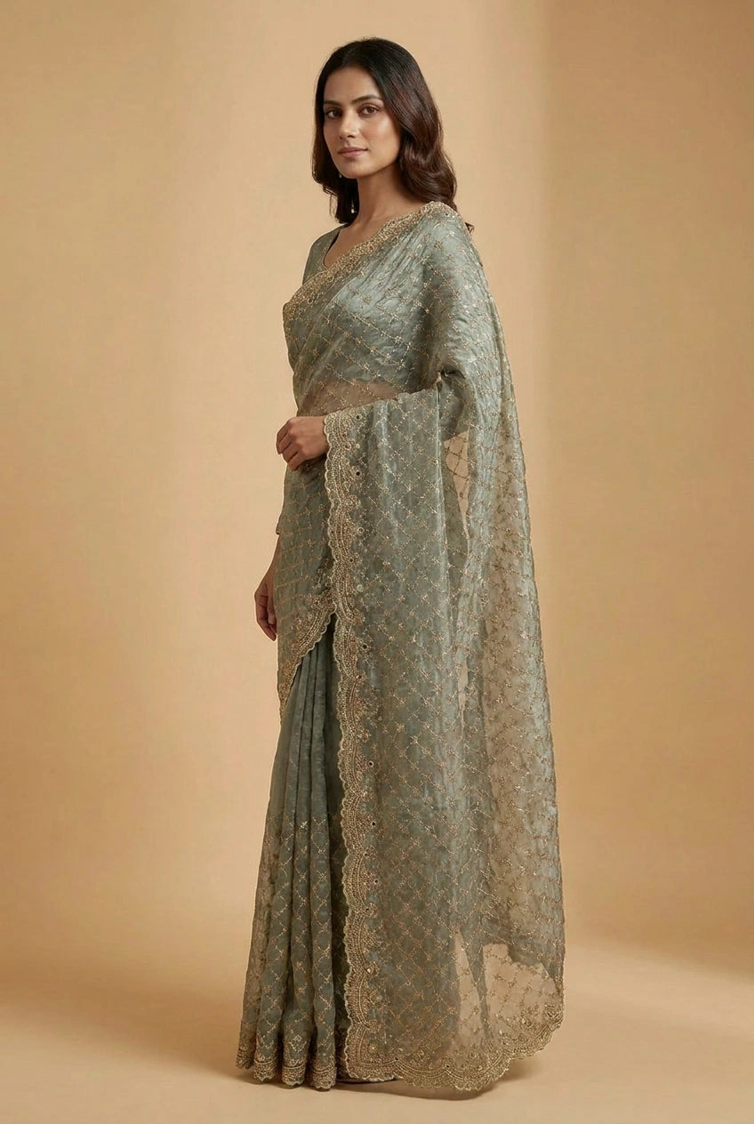 Mauve Tissue Silk Embroidered Saree for Festive Occasions
