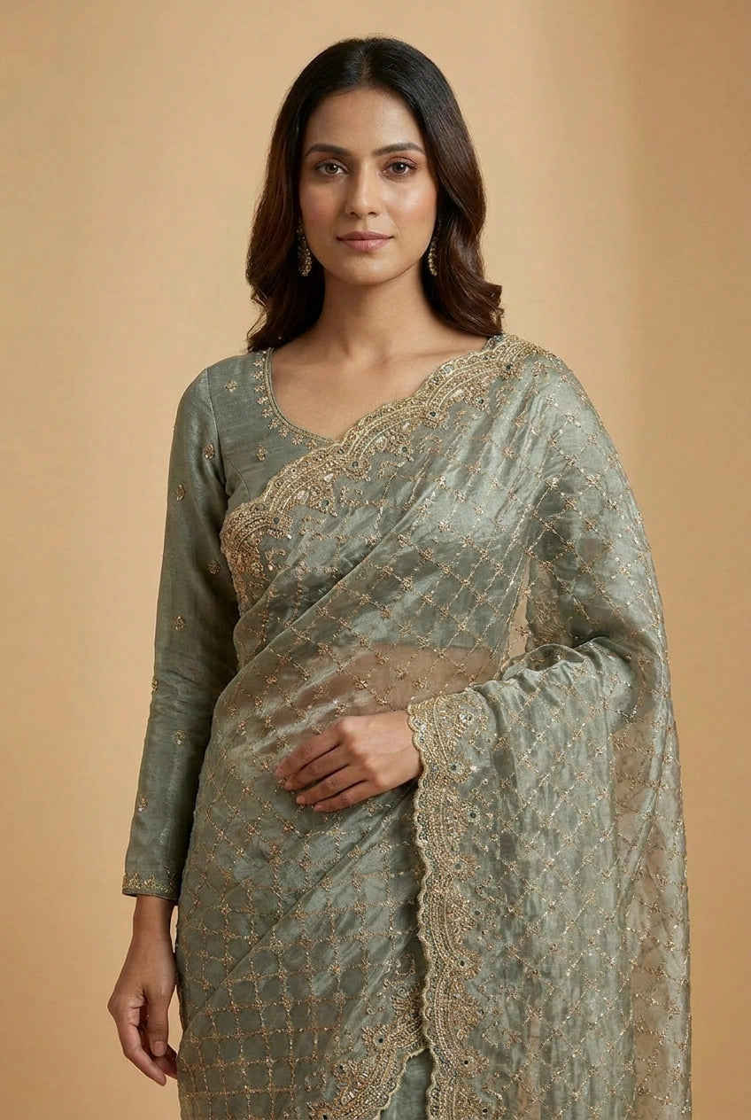 Mauve Tissue Silk Embroidered Saree for Festive Occasions