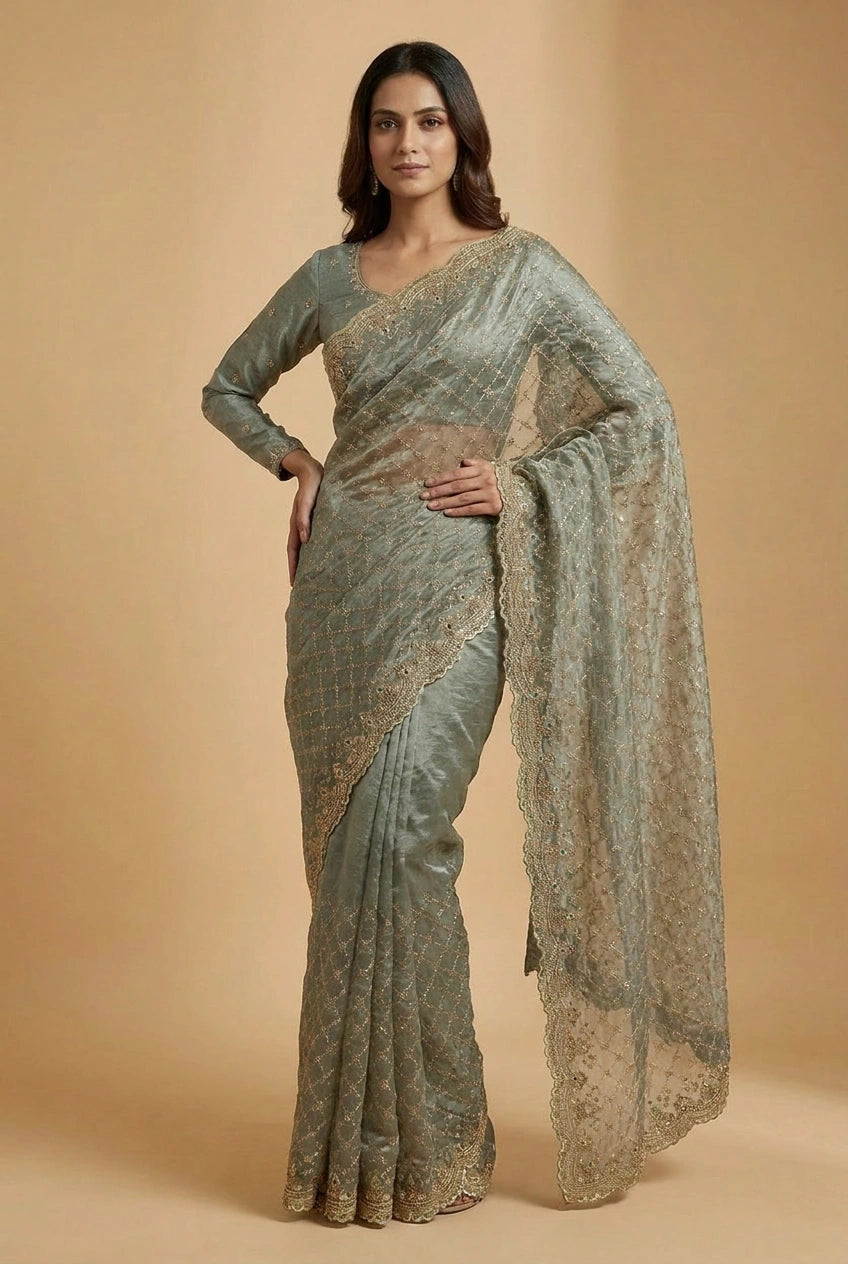 Mauve Tissue Silk Embroidered Saree for Festive Occasions