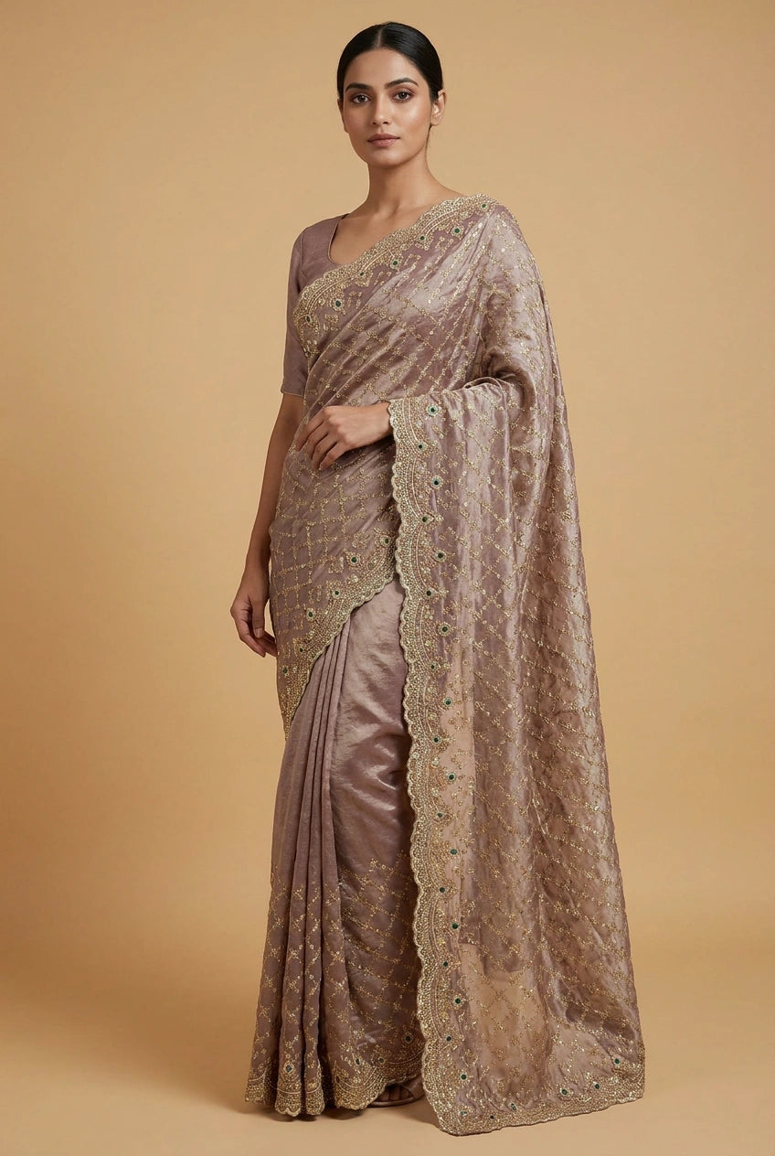 Mauve Tissue Silk Embroidered Saree for Festive Occasions