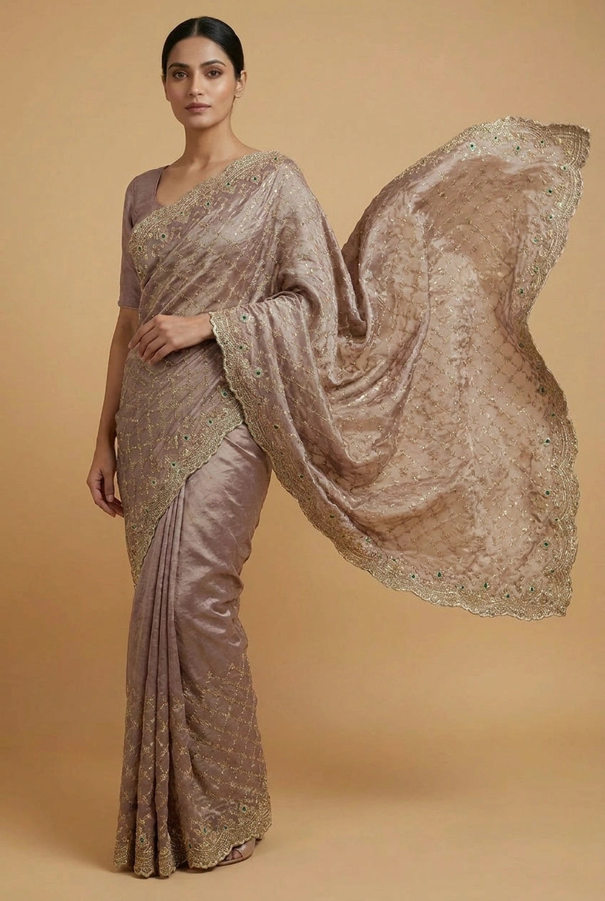 Mauve Tissue Silk Embroidered Saree for Festive Occasions