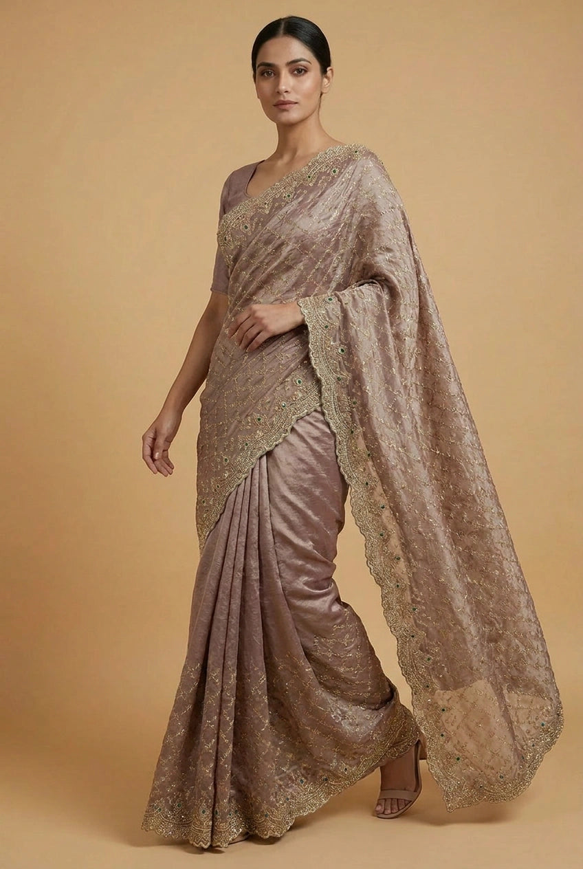 Mauve Tissue Silk Embroidered Saree for Festive Occasions
