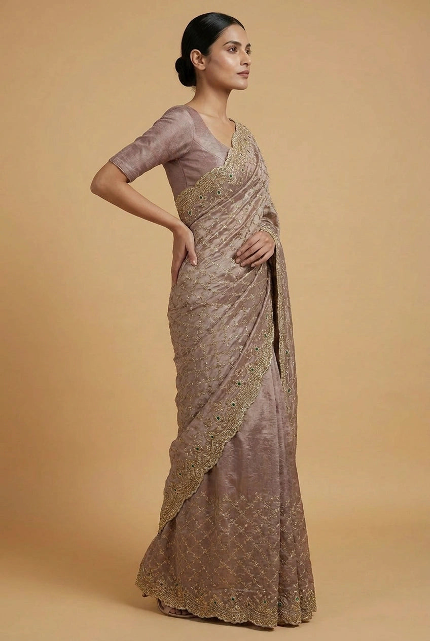 Mauve Tissue Silk Embroidered Saree for Festive Occasions