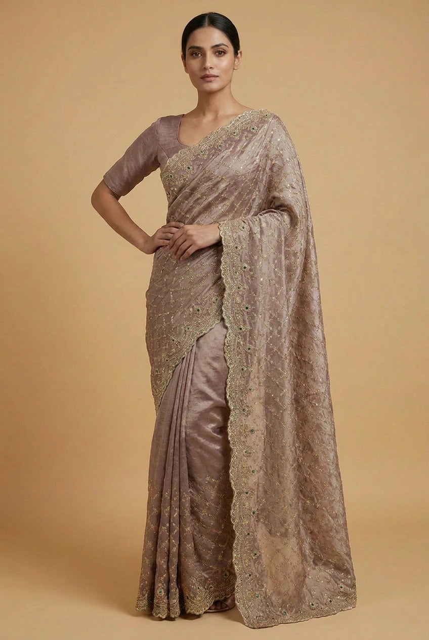 Mauve Tissue Silk Embroidered Saree for Festive Occasions