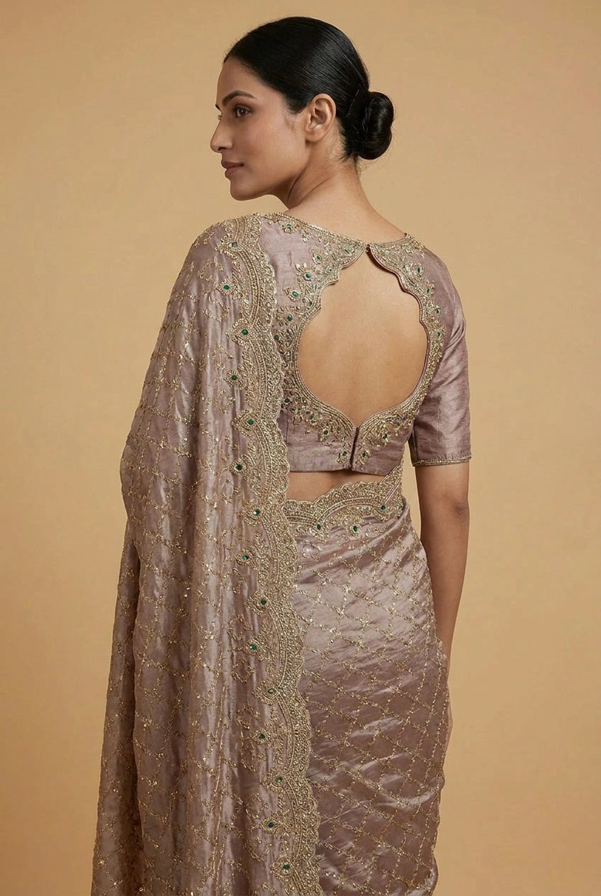 Mauve Tissue Silk Embroidered Saree for Festive Occasions
