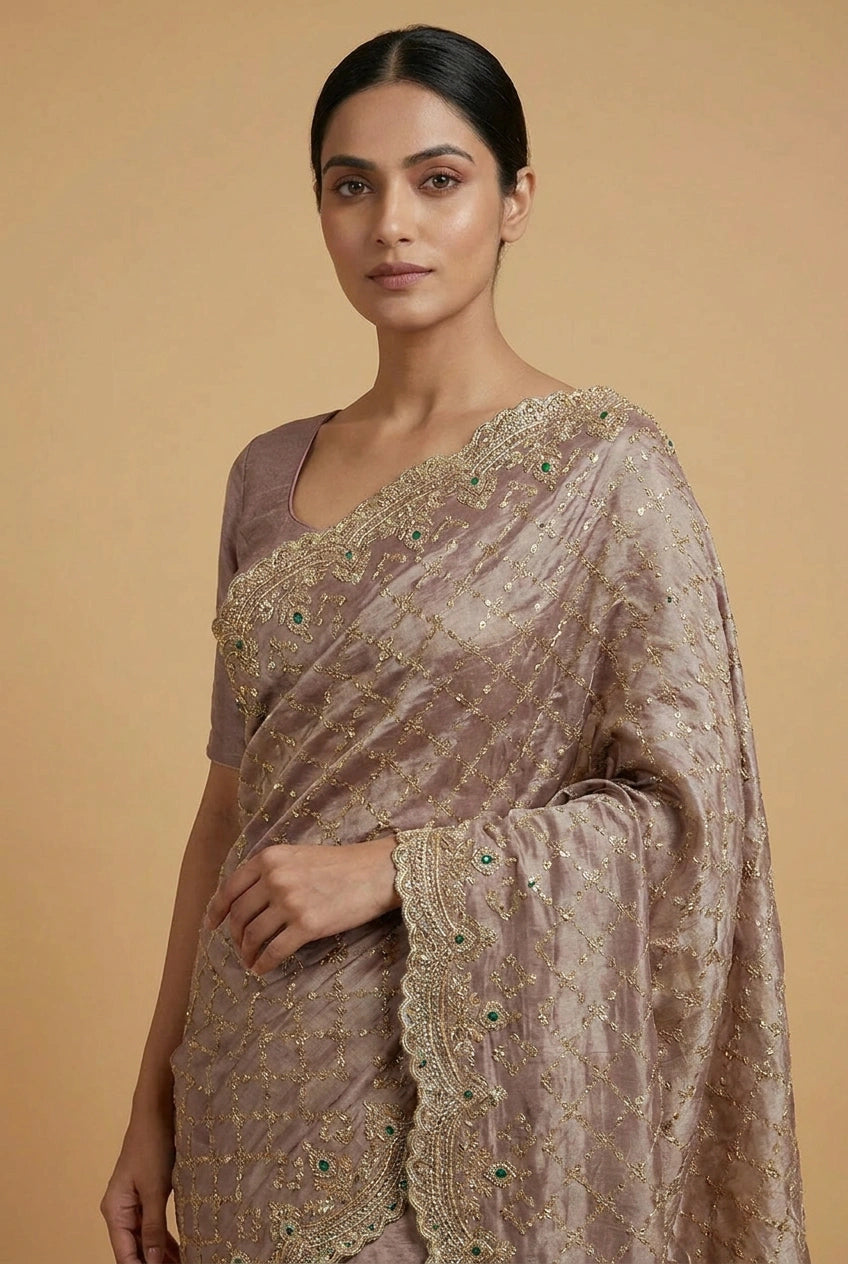 Mauve Tissue Silk Embroidered Saree for Festive Occasions