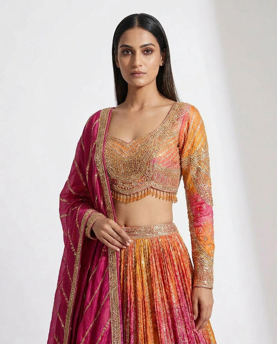 Rani/Orange Chinon Croptop Lehenga with Embroidered Croptop view 2